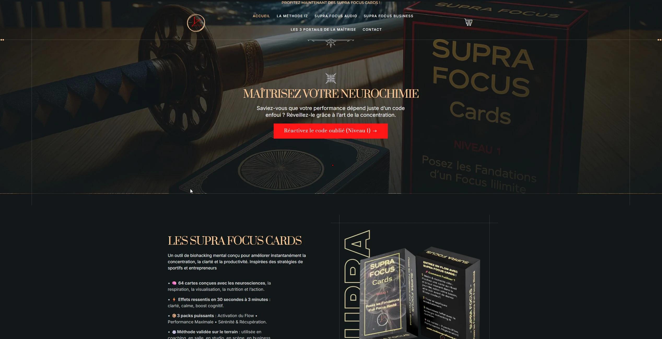 Page d'accueil du site Code Supra Focus, cartes de concentration Supra Focus Cards