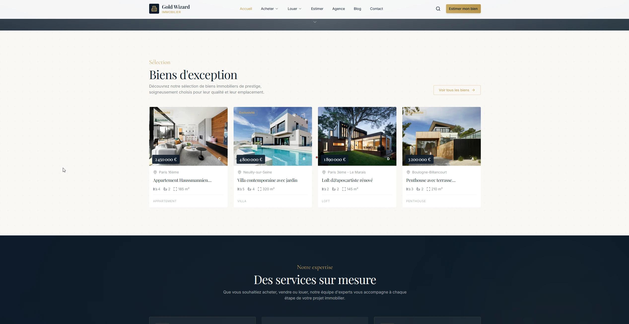 Page d'accueil du site Gold Wizard Immobilier, selection de biens