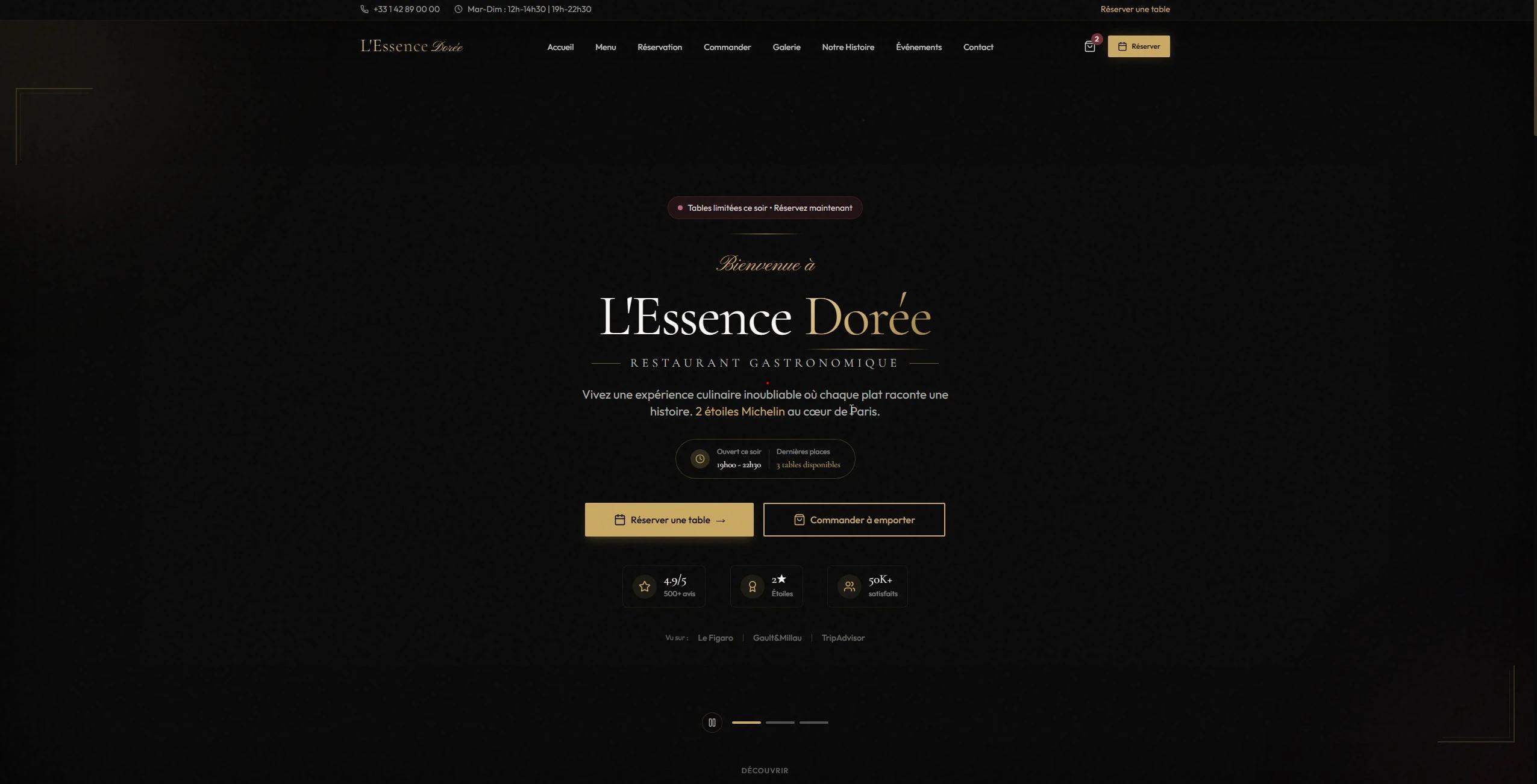 Page d'accueil du restaurant L'Essence Doree, reservation en ligne