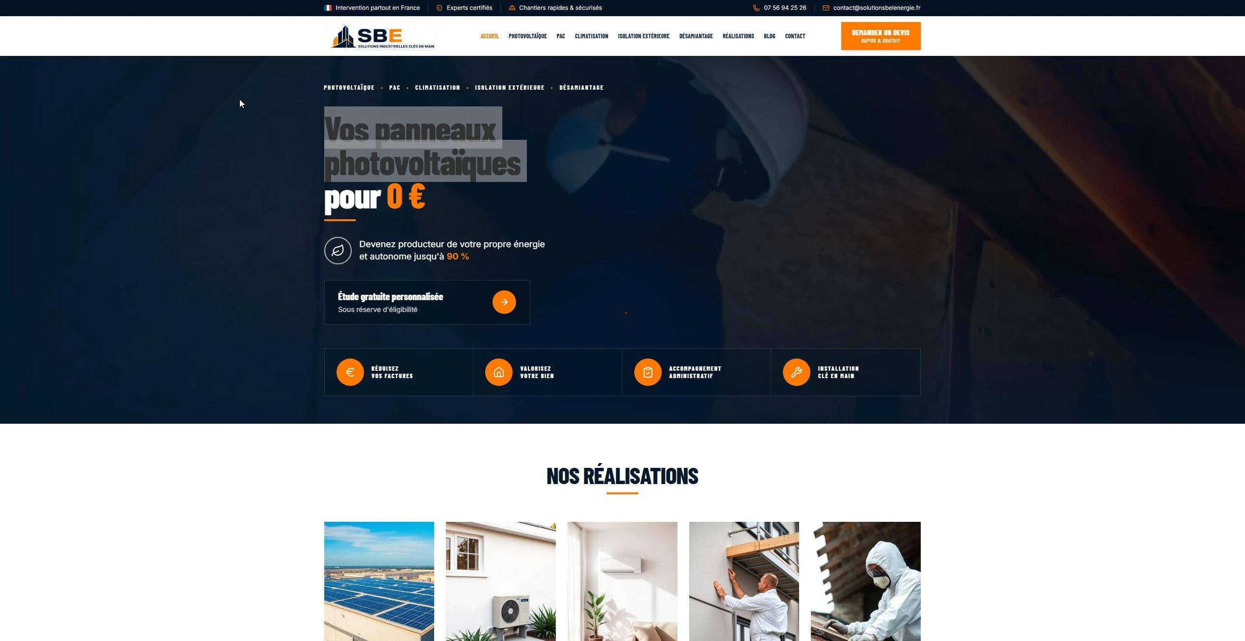Page d'accueil du site SBE, panneaux photovoltaiques et solutions energie